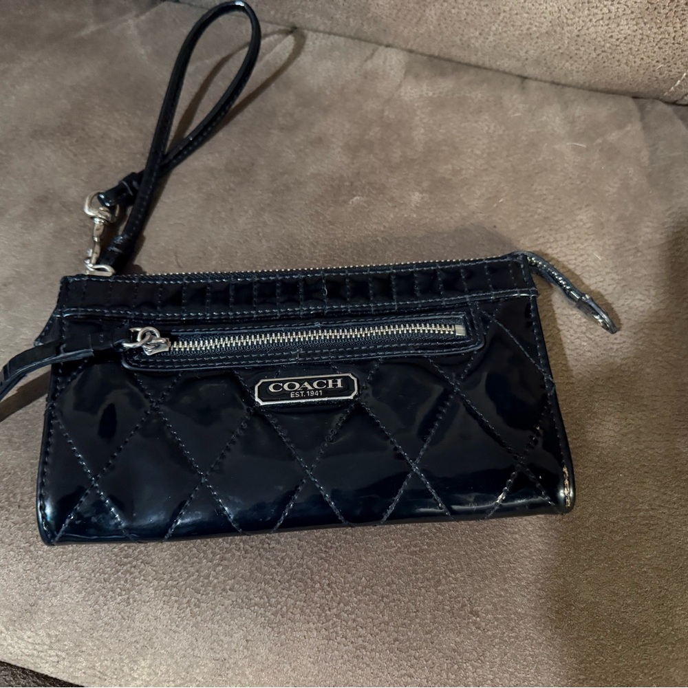 Coach Glossy Black Quilted Wristlet